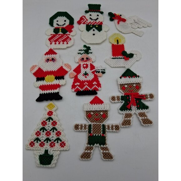 9 Christmas Ornaments Plastic Canvas Patterns Magnets Santa Tree Snowmen Dove - Picture 1 of 10
